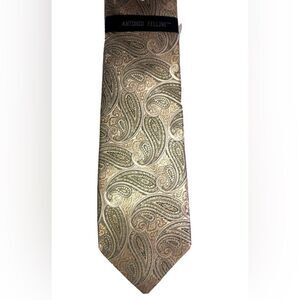 Antonio Fellini 100% Silk Necktie  Olive & Gold Paisley Design 🌟 58”x3.5” NWT